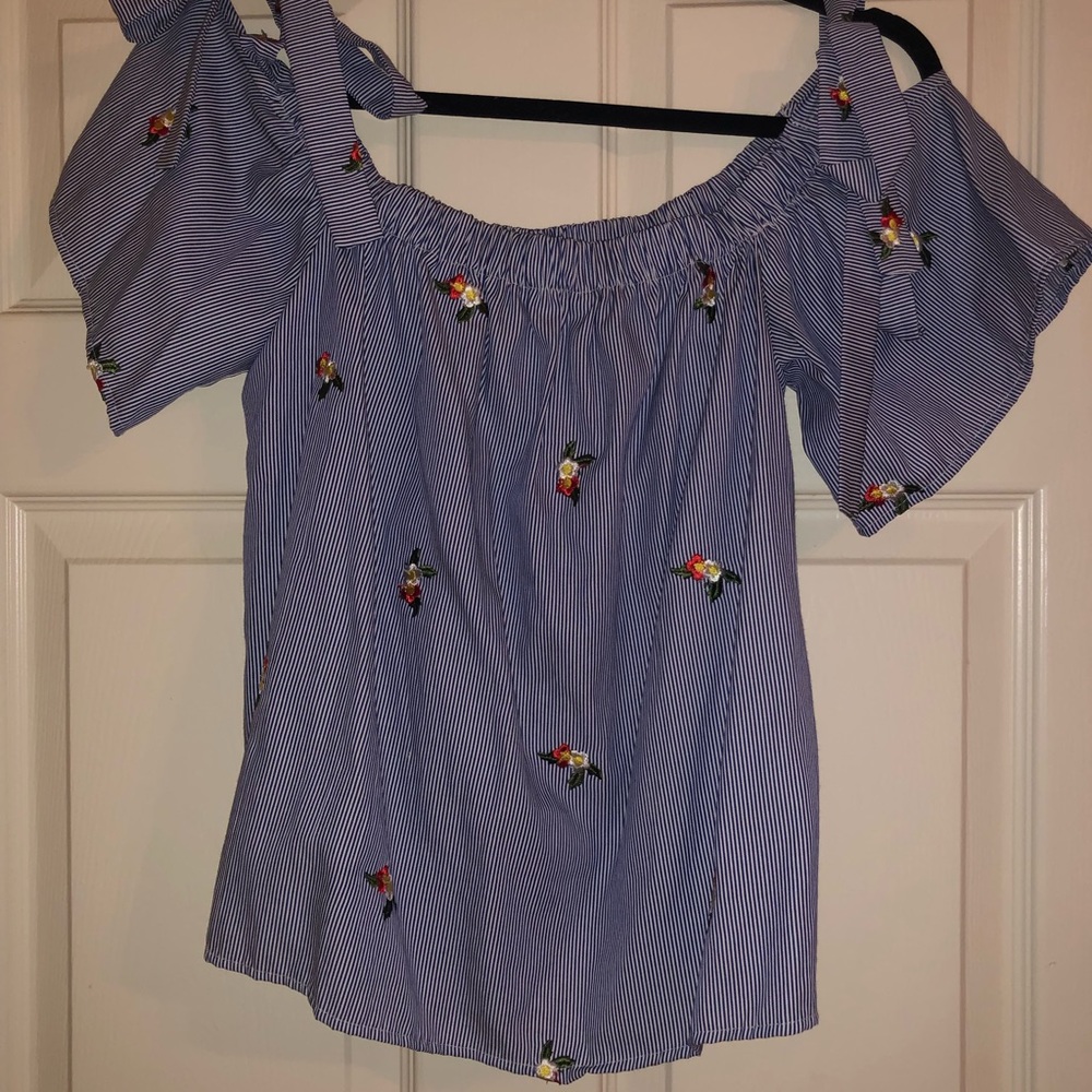 Newbury Kustom Blue Striped Floral Blouse With Ribbon Ties and Cold Shoulder